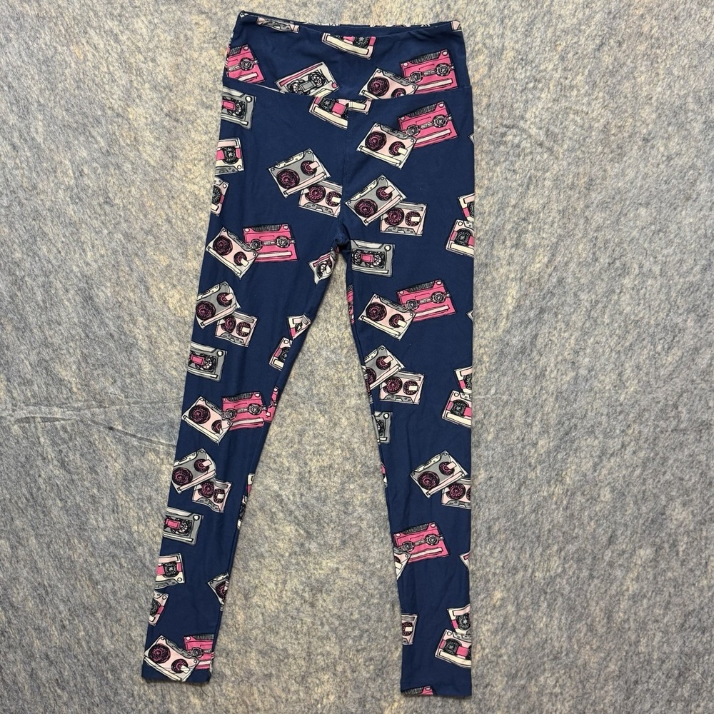 LuLaRoe Womens One Size Leggings Navy Pink Cassette Tape Retro Music Print
